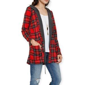 Ego Red Plaid Hooded open jacket with Charcoal accents and tie @ neck sz L